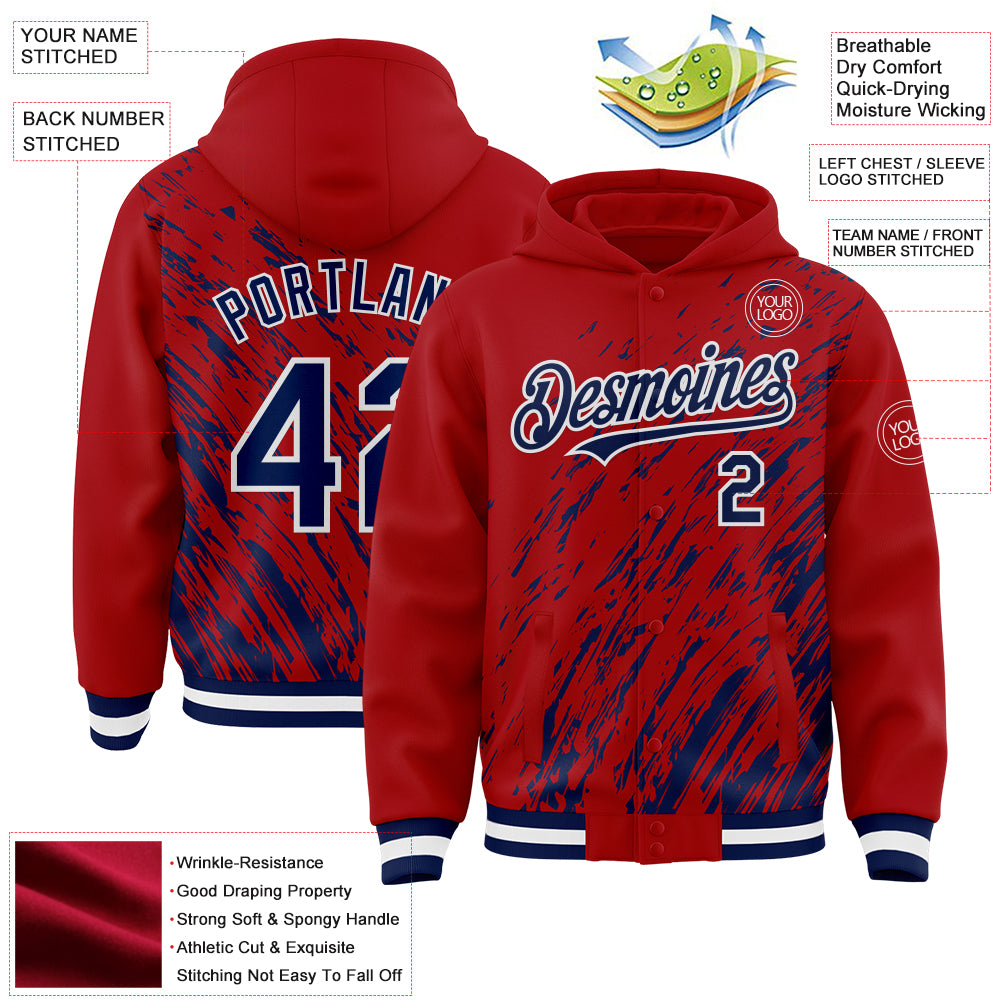 Custom Red Navy-White 3D Pattern Design Bomber Full-Snap Varsity Letterman Hoodie Jacket