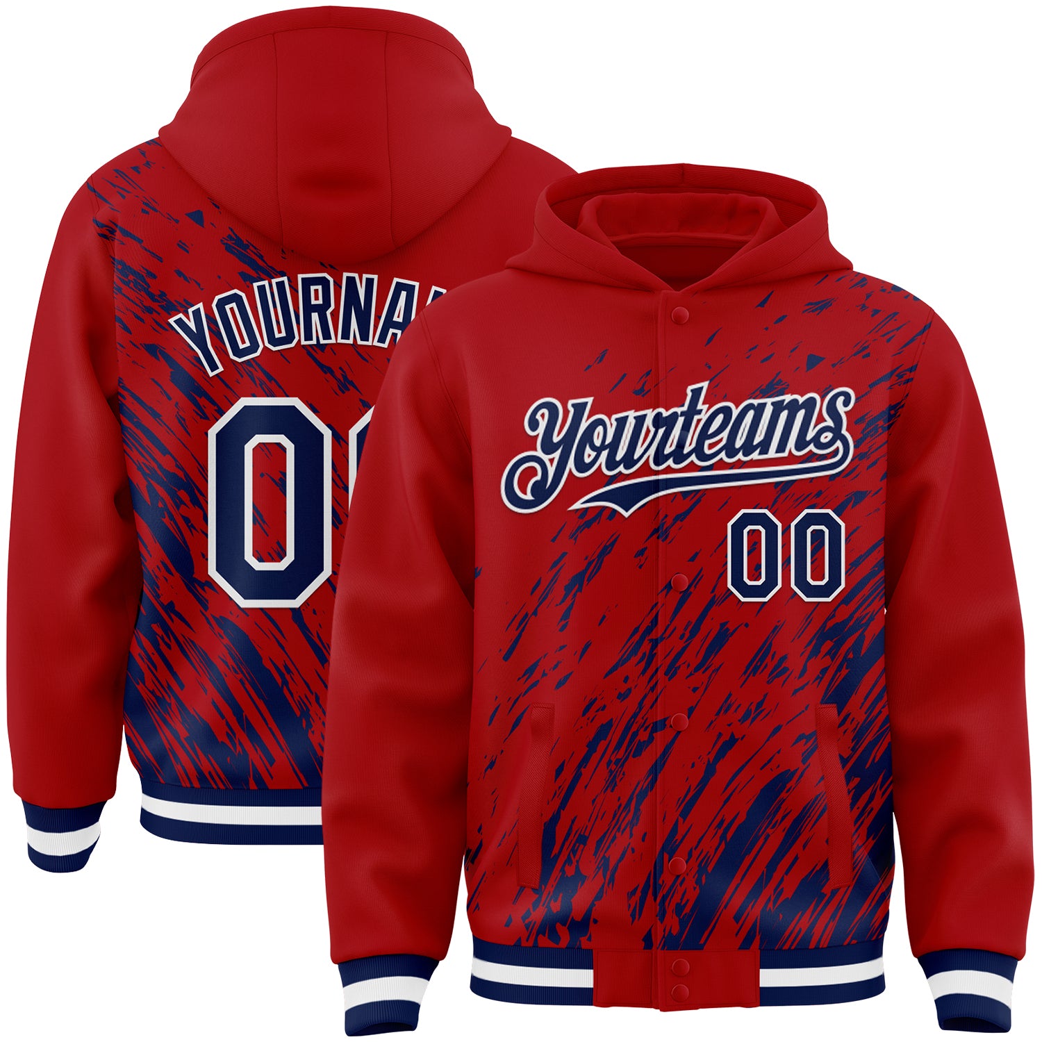 Custom Red Navy-White 3D Pattern Design Bomber Full-Snap Varsity Letterman Hoodie Jacket