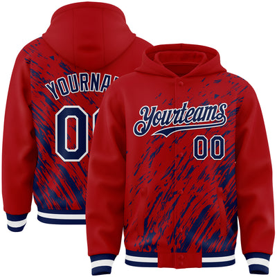 Custom Red Navy-White 3D Pattern Design Bomber Full-Snap Varsity Letterman Hoodie Jacket