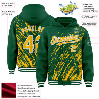 Custom Kelly Green Gold-White 3D Pattern Design Bomber Full-Snap Varsity Letterman Hoodie Jacket