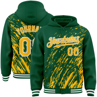 Custom Kelly Green Gold-White 3D Pattern Design Bomber Full-Snap Varsity Letterman Hoodie Jacket