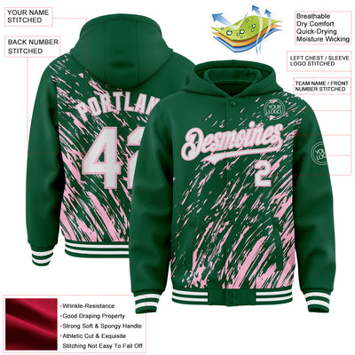 Custom Kelly Green White-Light Pink 3D Pattern Design Bomber Full-Snap Varsity Letterman Hoodie Jacket
