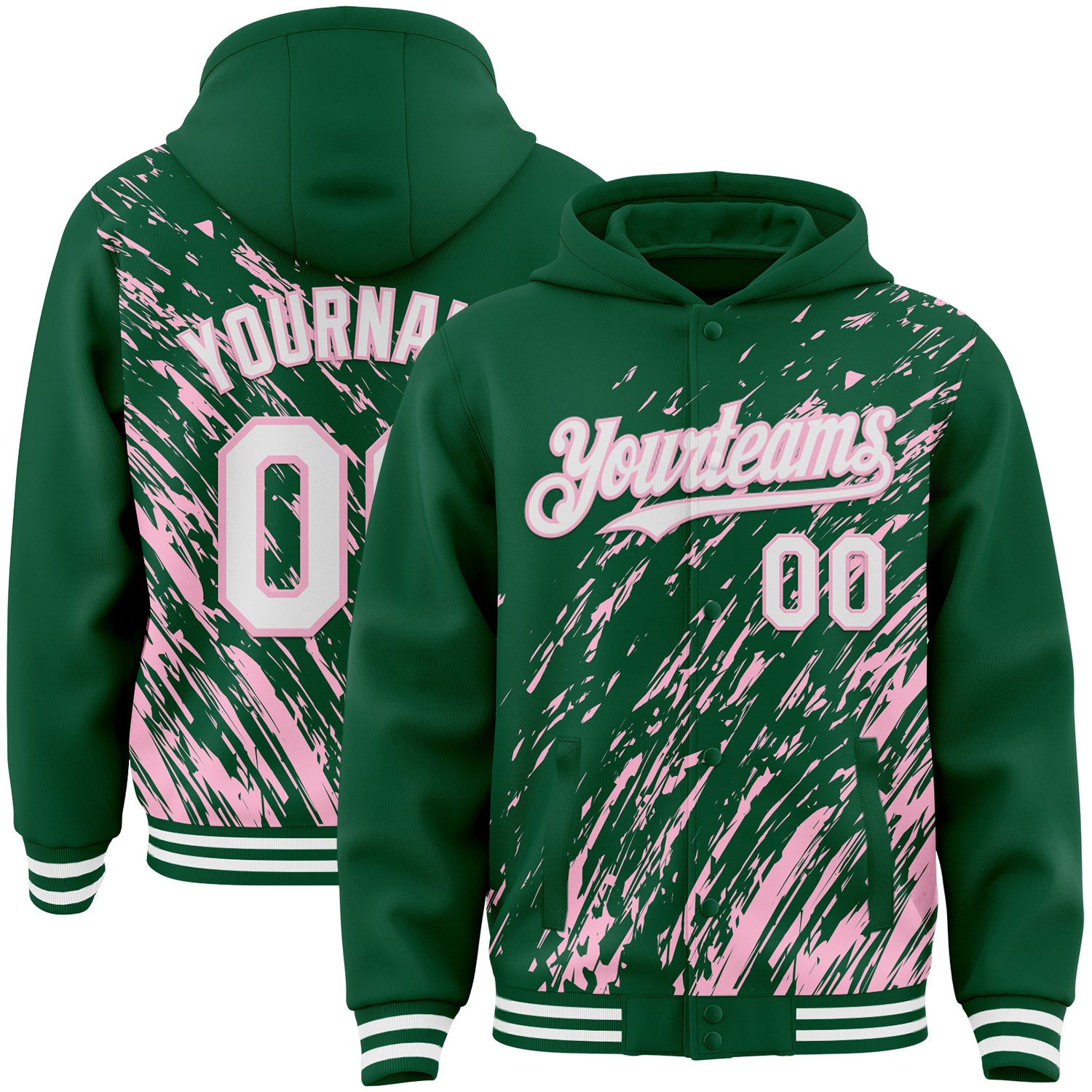 Custom Kelly Green White-Light Pink 3D Pattern Design Bomber Full-Snap Varsity Letterman Hoodie Jacket
