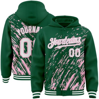 Custom Kelly Green White-Light Pink 3D Pattern Design Bomber Full-Snap Varsity Letterman Hoodie Jacket
