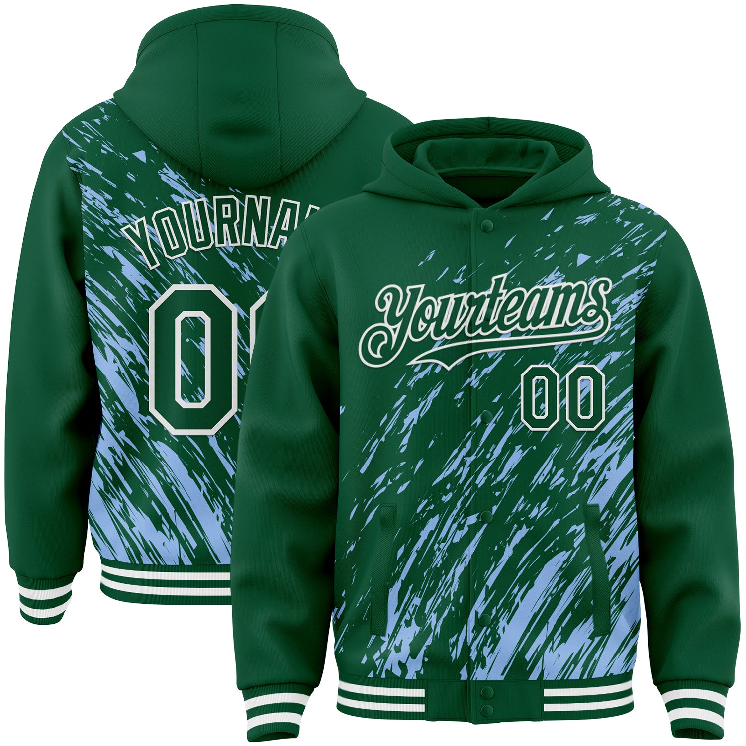 Custom Light Blue Kelly Green-White 3D Pattern Design Bomber Full-Snap Varsity Letterman Hoodie Jacket