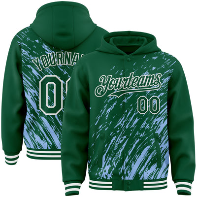 Custom Light Blue Kelly Green-White 3D Pattern Design Bomber Full-Snap Varsity Letterman Hoodie Jacket