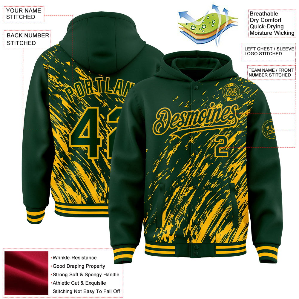 Custom Green Green-Gold 3D Pattern Design Bomber Full-Snap Varsity Letterman Hoodie Jacket