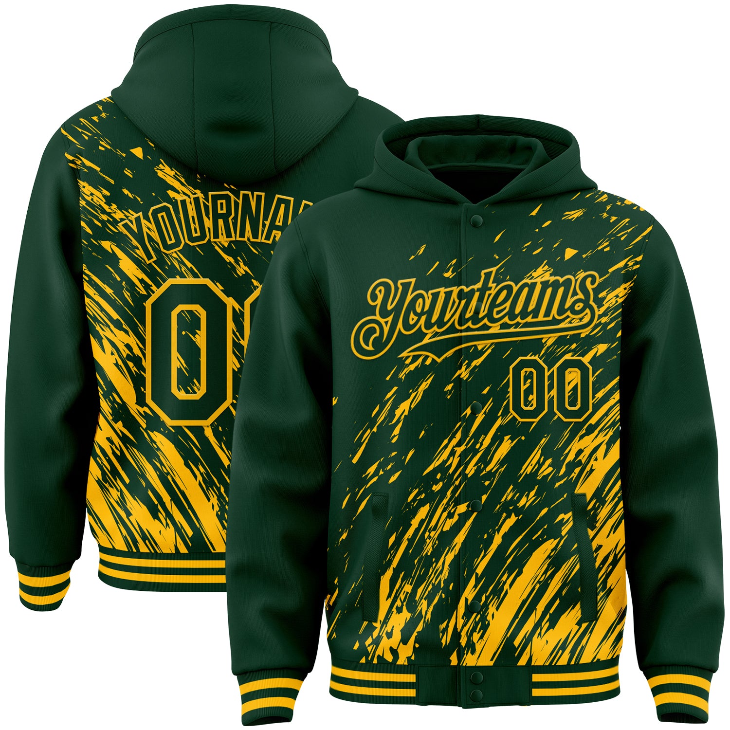 Custom Green Green-Gold 3D Pattern Design Bomber Full-Snap Varsity Letterman Hoodie Jacket