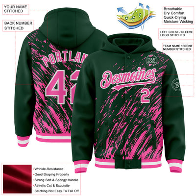 Custom Kelly Green Pink-White 3D Pattern Design Bomber Full-Snap Varsity Letterman Hoodie Jacket
