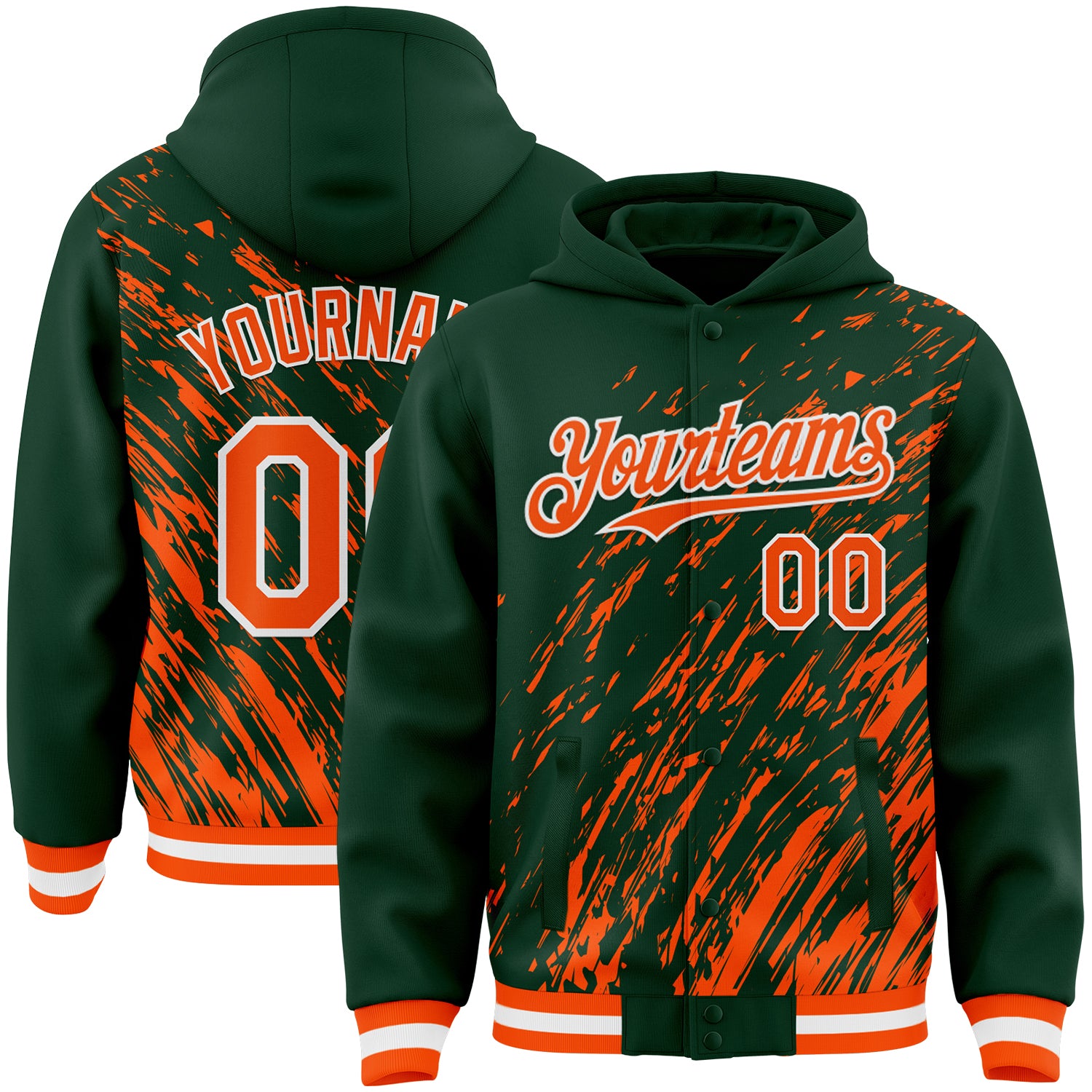 Custom Green Orange-White 3D Pattern Design Bomber Full-Snap Varsity Letterman Hoodie Jacket