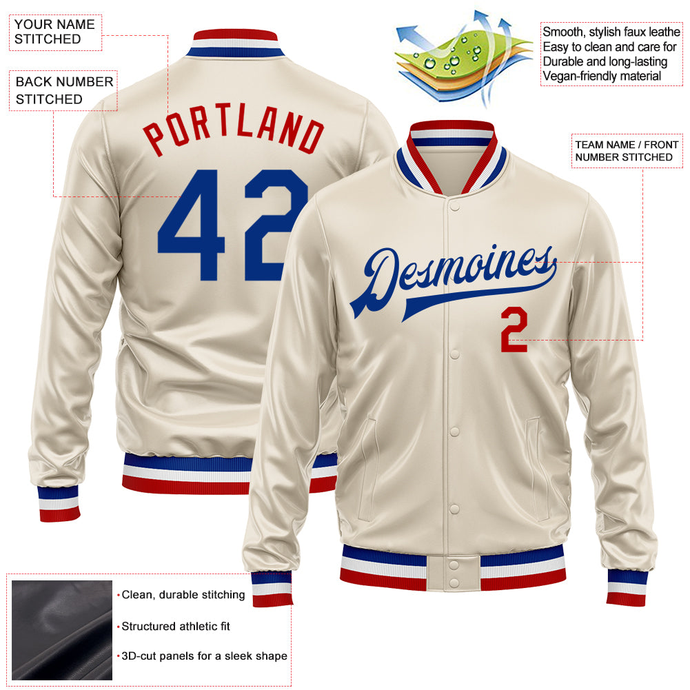 Custom Cream Royal-Red Bomber Full-Snap Varsity Faux Leather Letterman Jacket