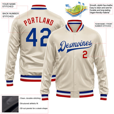 Custom Cream Royal-Red Bomber Full-Snap Varsity Faux Leather Letterman Jacket