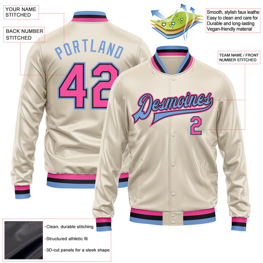 Custom Cream Pink Light Blue-Black Bomber Full-Snap Varsity Faux Leather Letterman Jacket