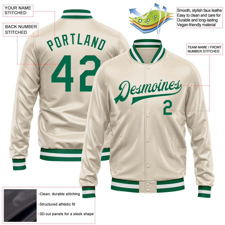 Custom Cream Kelly Green Bomber Full-Snap Varsity Faux Leather Letterman Jacket
