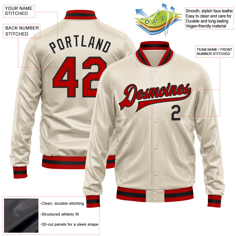 Custom Cream Red-Black Bomber Full-Snap Varsity Faux Leather Letterman Jacket