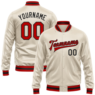 Custom Cream Red-Black Bomber Full-Snap Varsity Faux Leather Letterman Jacket