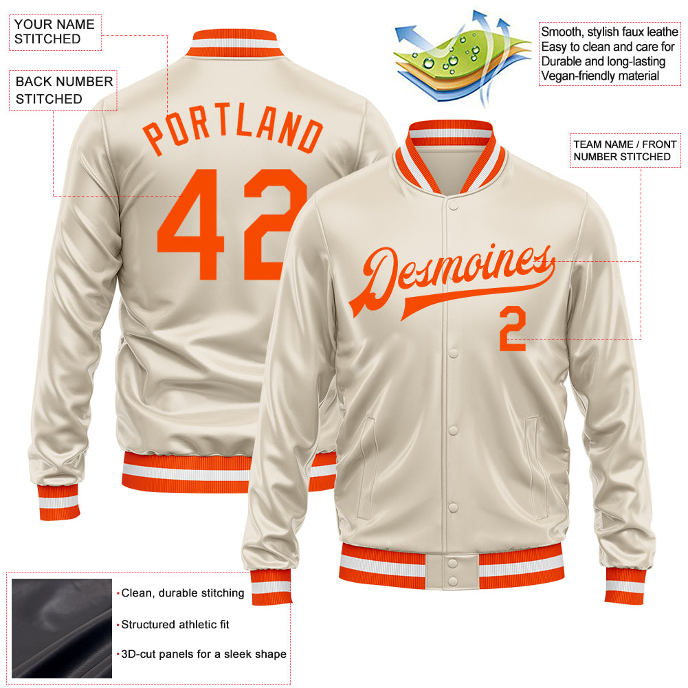 Custom Cream Orange Bomber Full-Snap Varsity Faux Leather Letterman Jacket