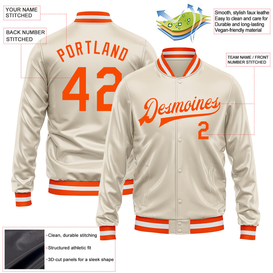 Custom Cream Orange Bomber Full-Snap Varsity Faux Leather Letterman Jacket