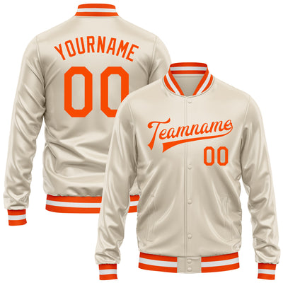 Custom Cream Orange Bomber Full-Snap Varsity Faux Leather Letterman Jacket