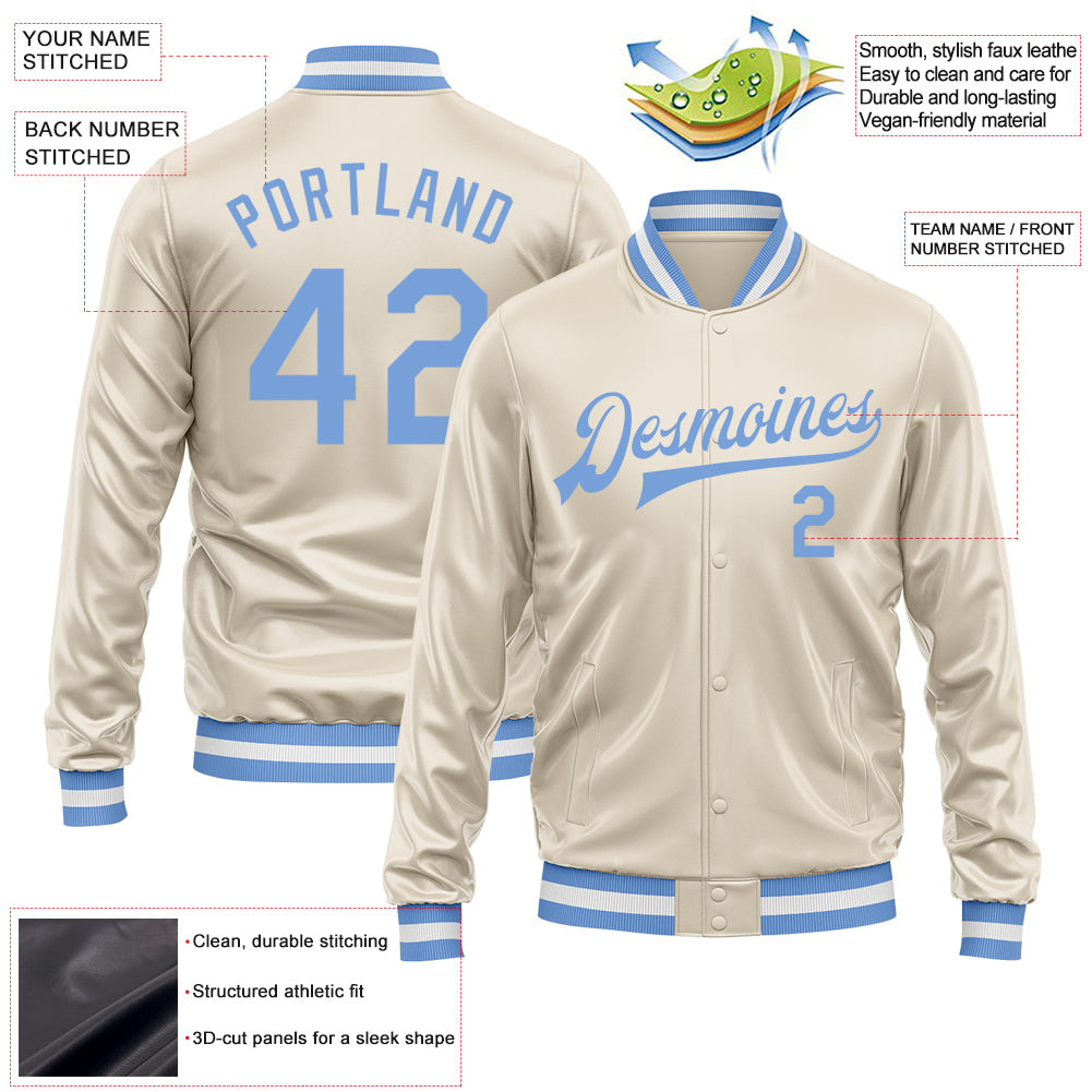 Custom Cream Light Blue Bomber Full-Snap Varsity Faux Leather Letterman Jacket
