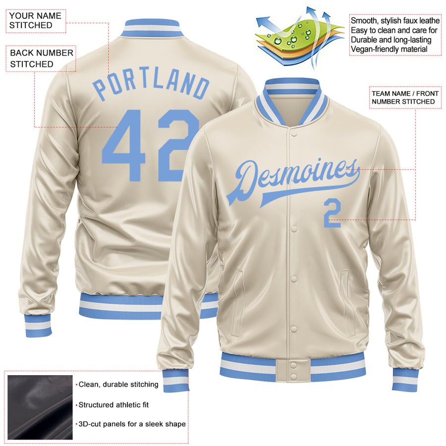 Custom Cream Light Blue Bomber Full-Snap Varsity Faux Leather Letterman Jacket