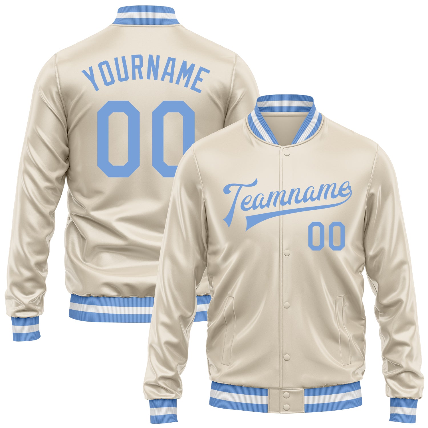 Custom Cream Light Blue Bomber Full-Snap Varsity Faux Leather Letterman Jacket