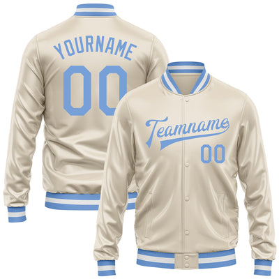 Custom Cream Light Blue Bomber Full-Snap Varsity Faux Leather Letterman Jacket