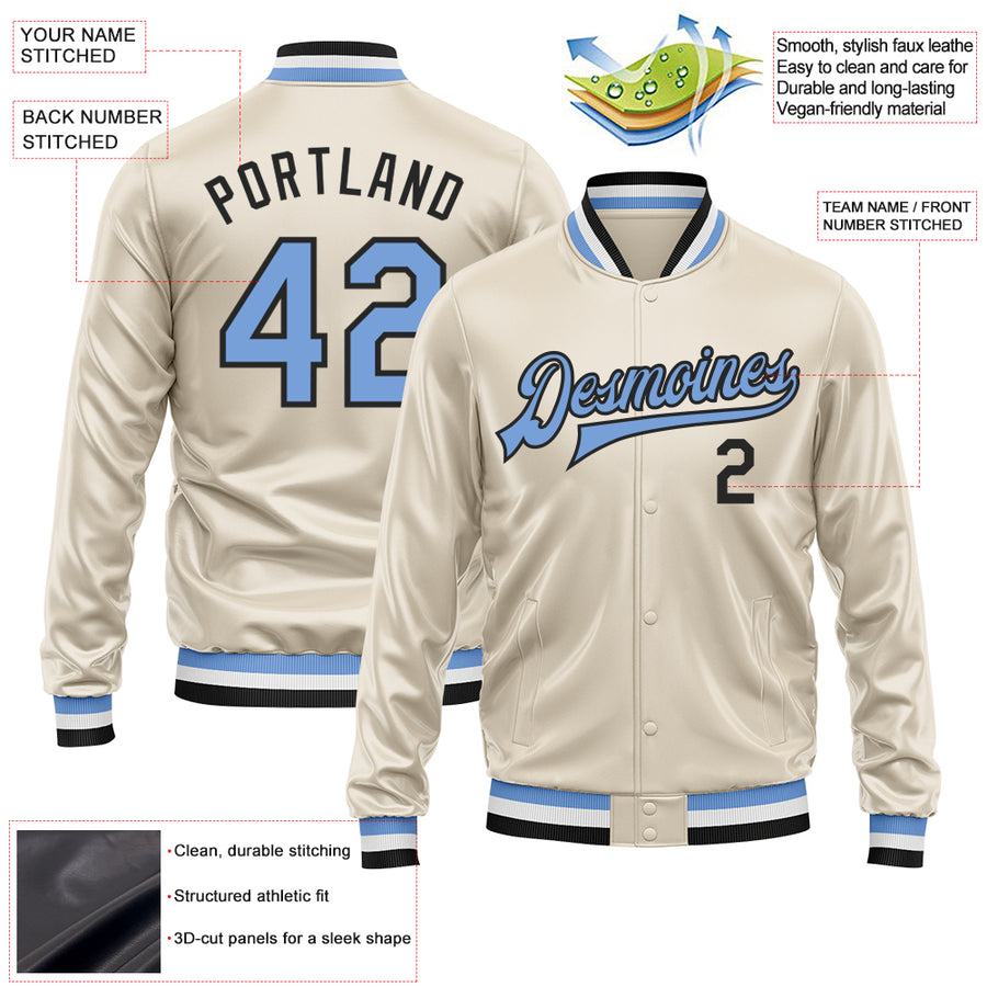 Custom Cream Light Blue-Black Bomber Full-Snap Varsity Faux Leather Letterman Jacket
