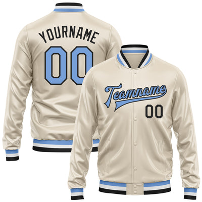 Custom Cream Light Blue-Black Bomber Full-Snap Varsity Faux Leather Letterman Jacket