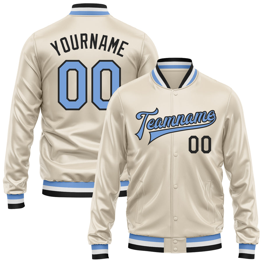 Custom Cream Light Blue-Black Bomber Full-Snap Varsity Faux Leather Letterman Jacket