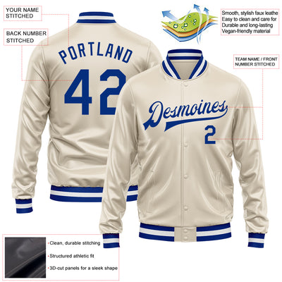 Custom Cream Royal Bomber Full-Snap Varsity Faux Leather Letterman Jacket