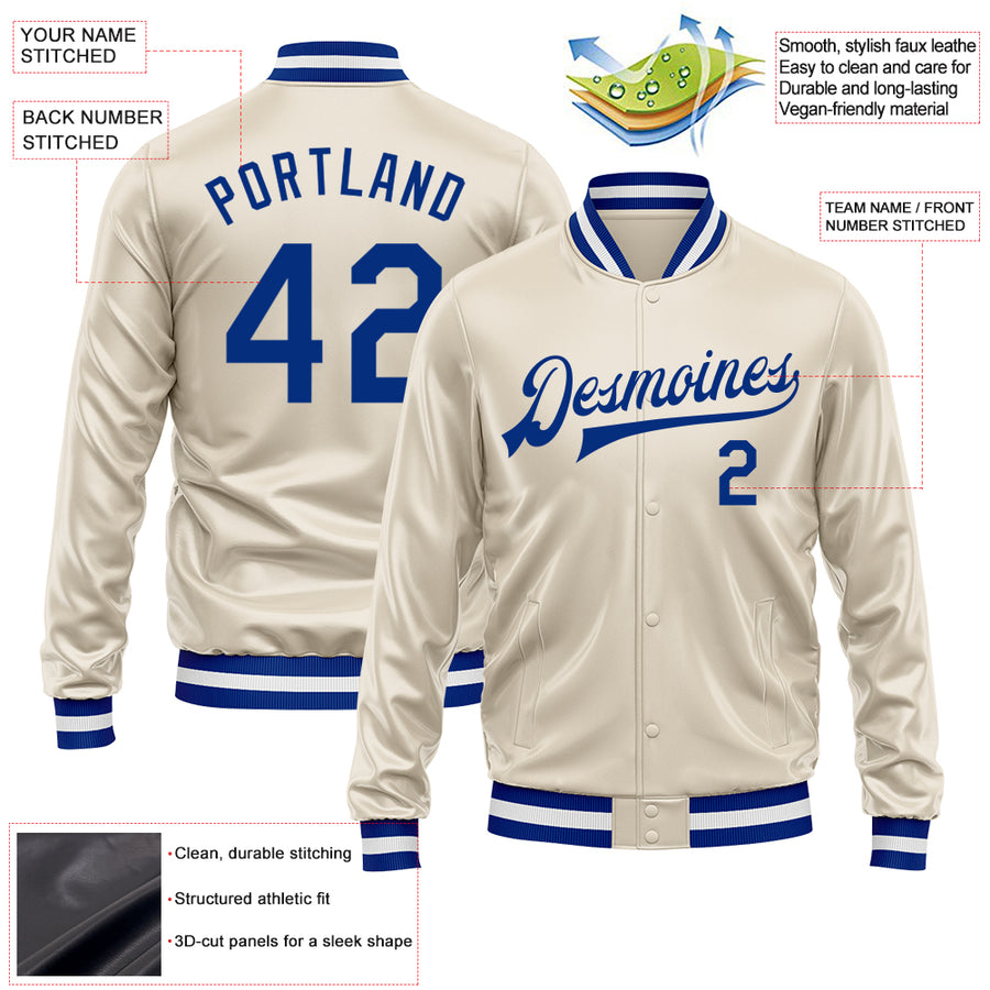 Custom Cream Royal Bomber Full-Snap Varsity Faux Leather Letterman Jacket