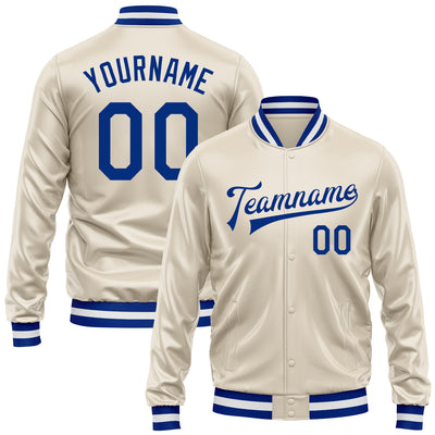 Custom Cream Royal Bomber Full-Snap Varsity Faux Leather Letterman Jacket