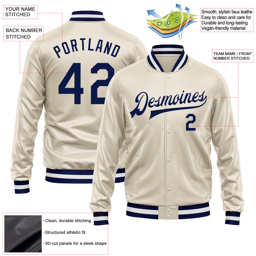 Custom Cream Navy Bomber Full-Snap Varsity Faux Leather Letterman Jacket
