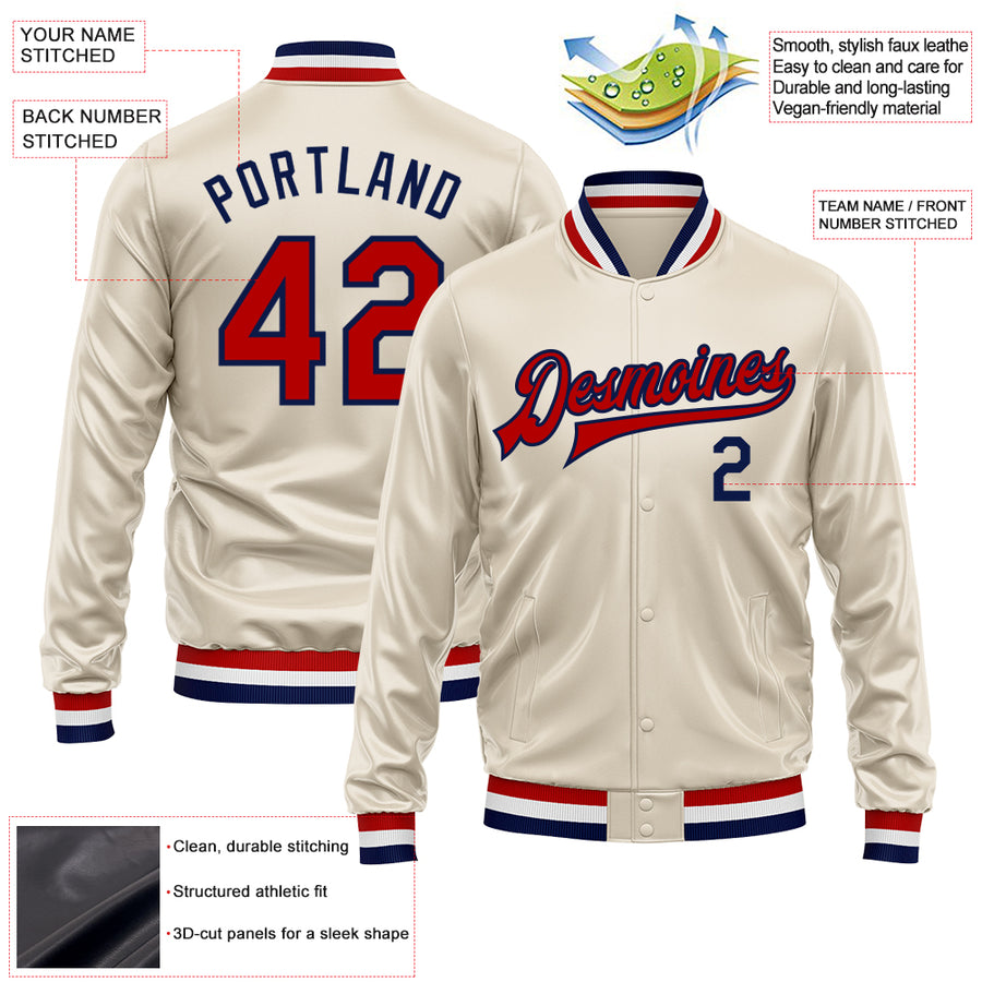 Custom Cream Red-Navy Bomber Full-Snap Varsity Faux Leather Letterman Jacket
