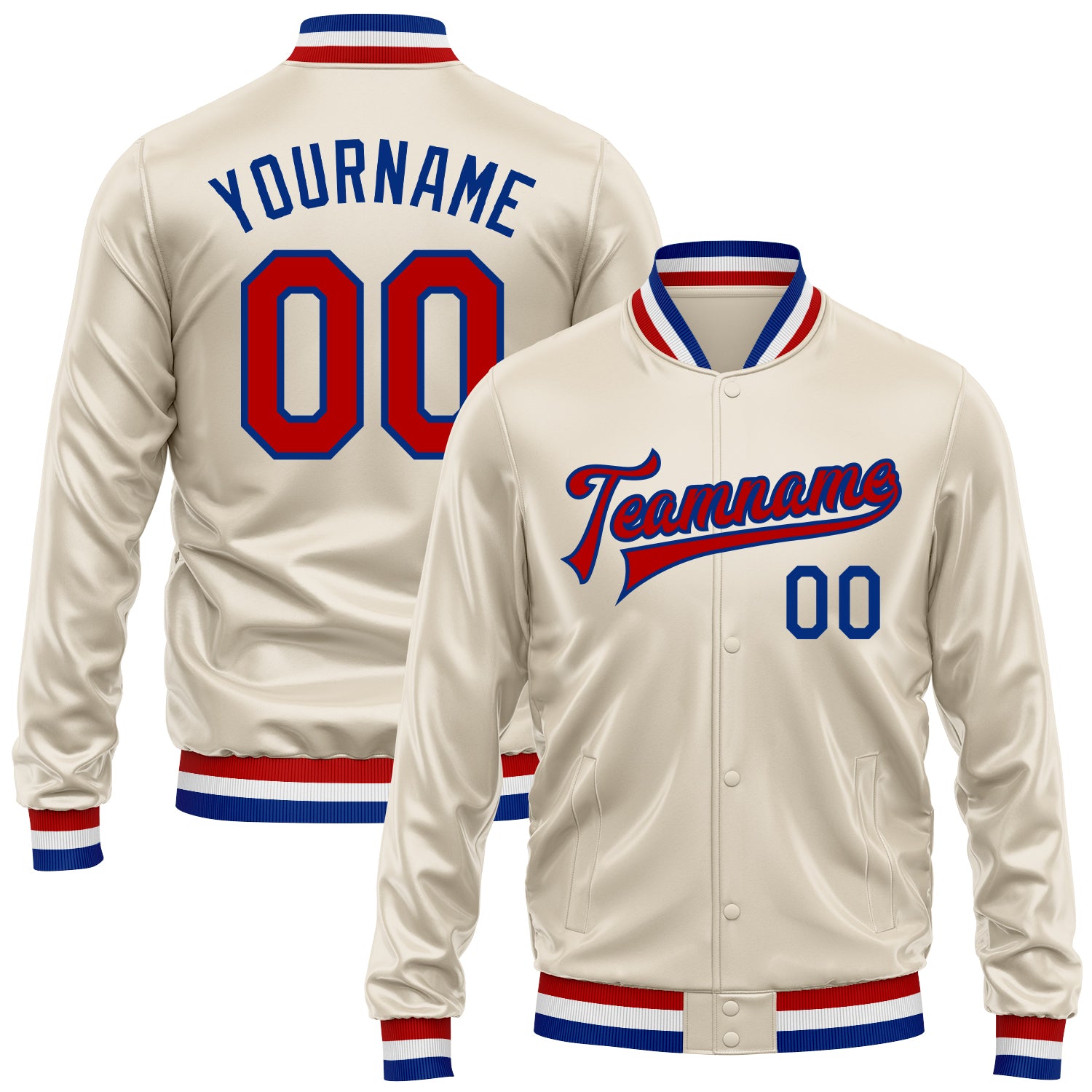 Custom Cream Red-Royal Bomber Full-Snap Varsity Faux Leather Letterman Jacket