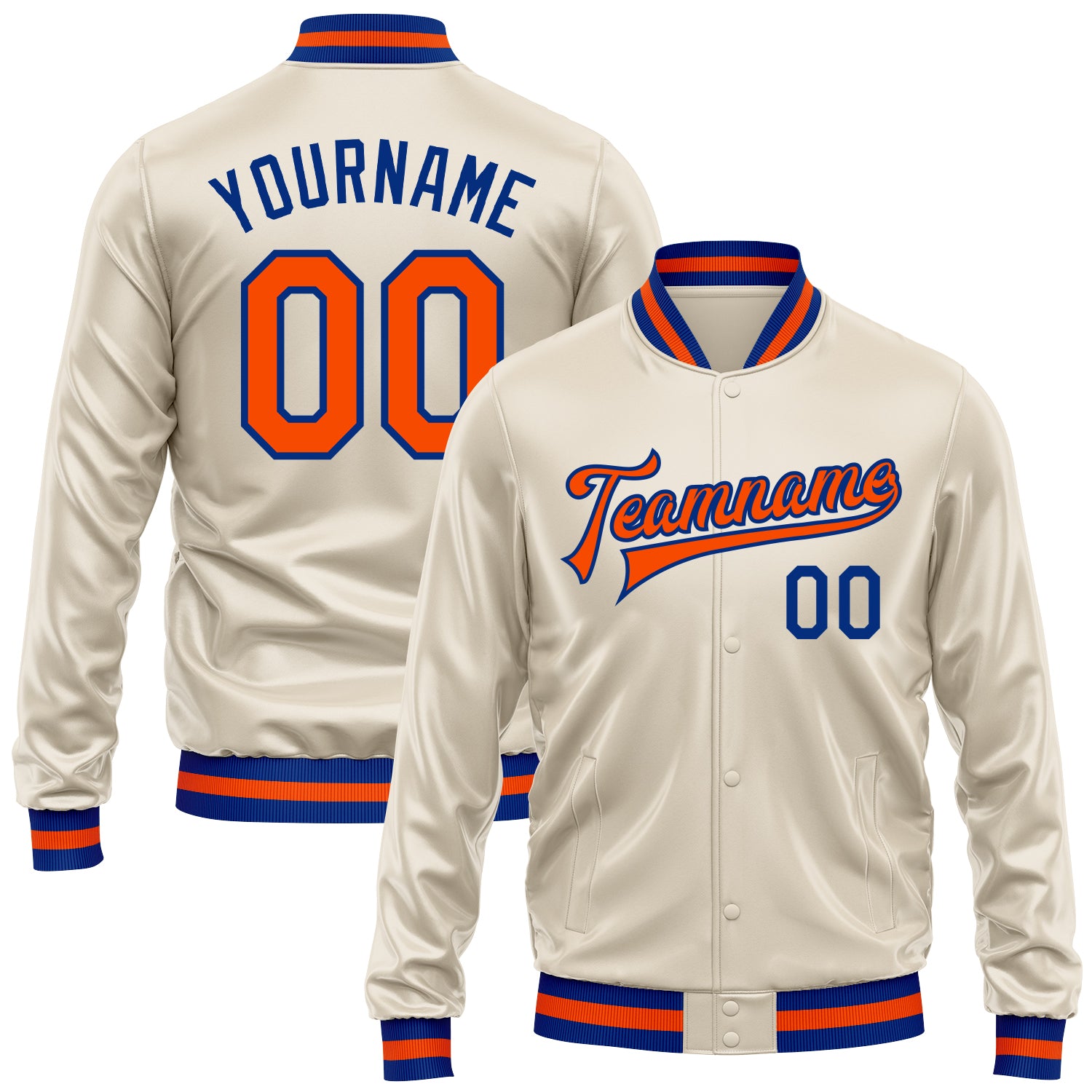 Custom Cream Orange-Royal Bomber Full-Snap Varsity Faux Leather Letterman Jacket