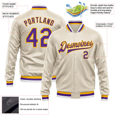 Custom Cream Purple-Gold Bomber Full-Snap Varsity Faux Leather Letterman Jacket