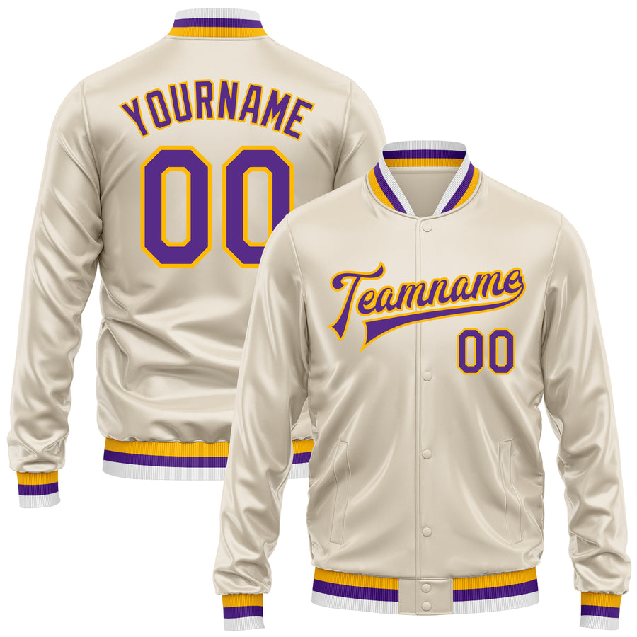 Custom Cream Purple-Gold Bomber Full-Snap Varsity Faux Leather Letterman Jacket