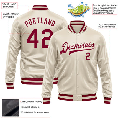 Custom Cream Maroon Bomber Full-Snap Varsity Faux Leather Letterman Jacket