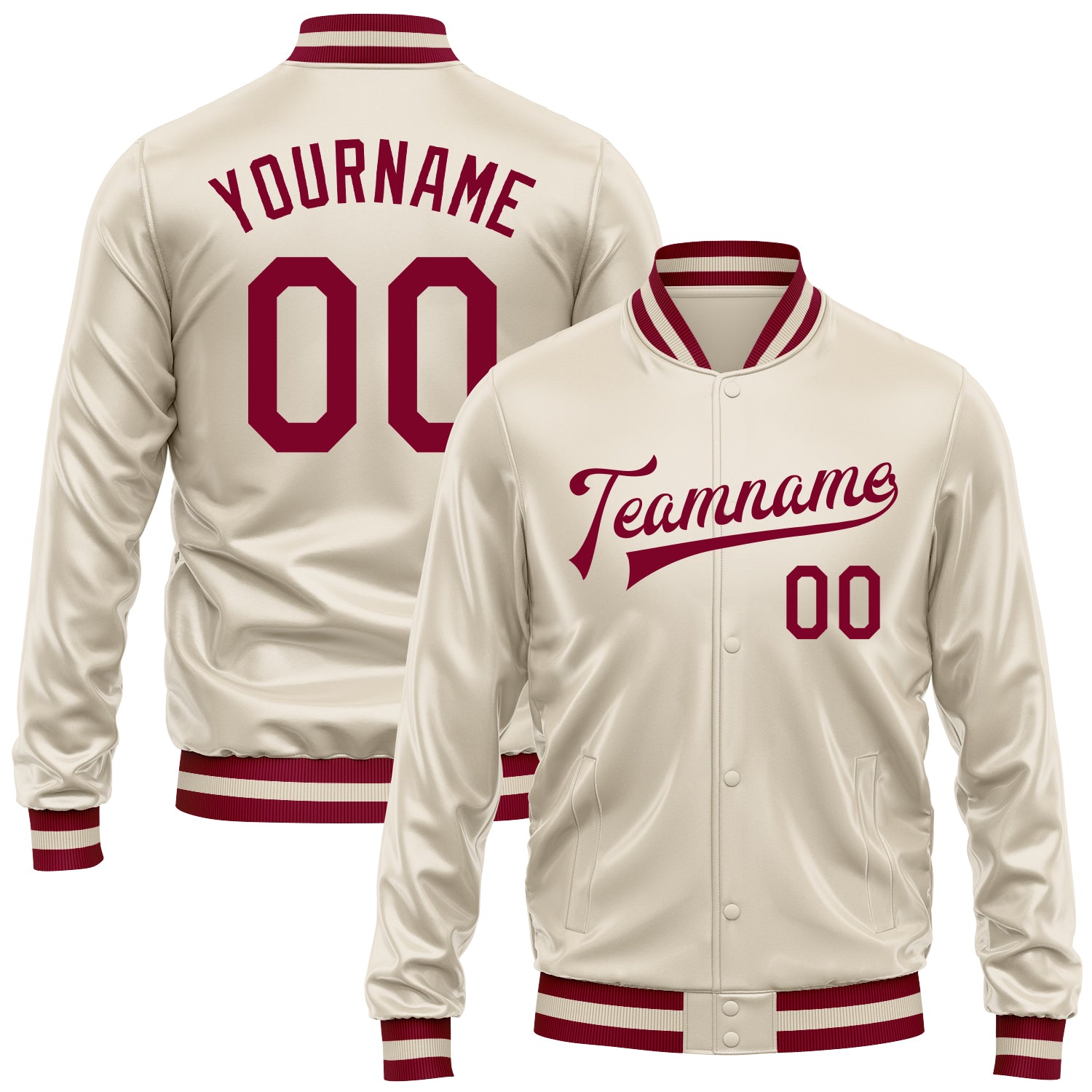 Custom Cream Maroon Bomber Full-Snap Varsity Faux Leather Letterman Jacket