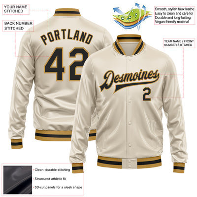 Custom Cream Black-Old Gold Bomber Full-Snap Varsity Faux Leather Letterman Jacket