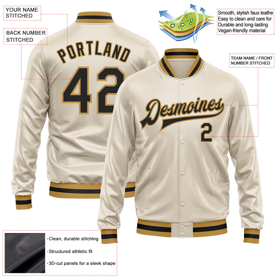 Custom Cream Black-Old Gold Bomber Full-Snap Varsity Faux Leather Letterman Jacket