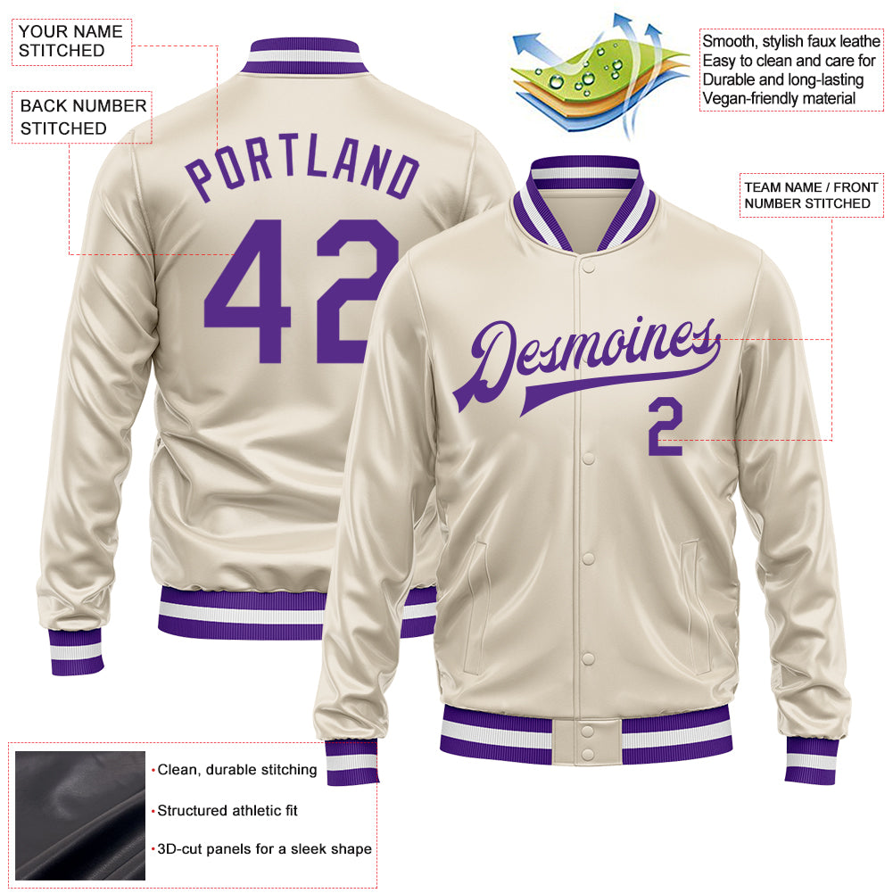 Custom Cream Purple Bomber Full-Snap Varsity Faux Leather Letterman Jacket