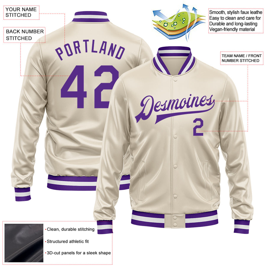 Custom Cream Purple Bomber Full-Snap Varsity Faux Leather Letterman Jacket