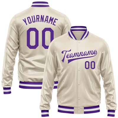 Custom Cream Purple Bomber Full-Snap Varsity Faux Leather Letterman Jacket