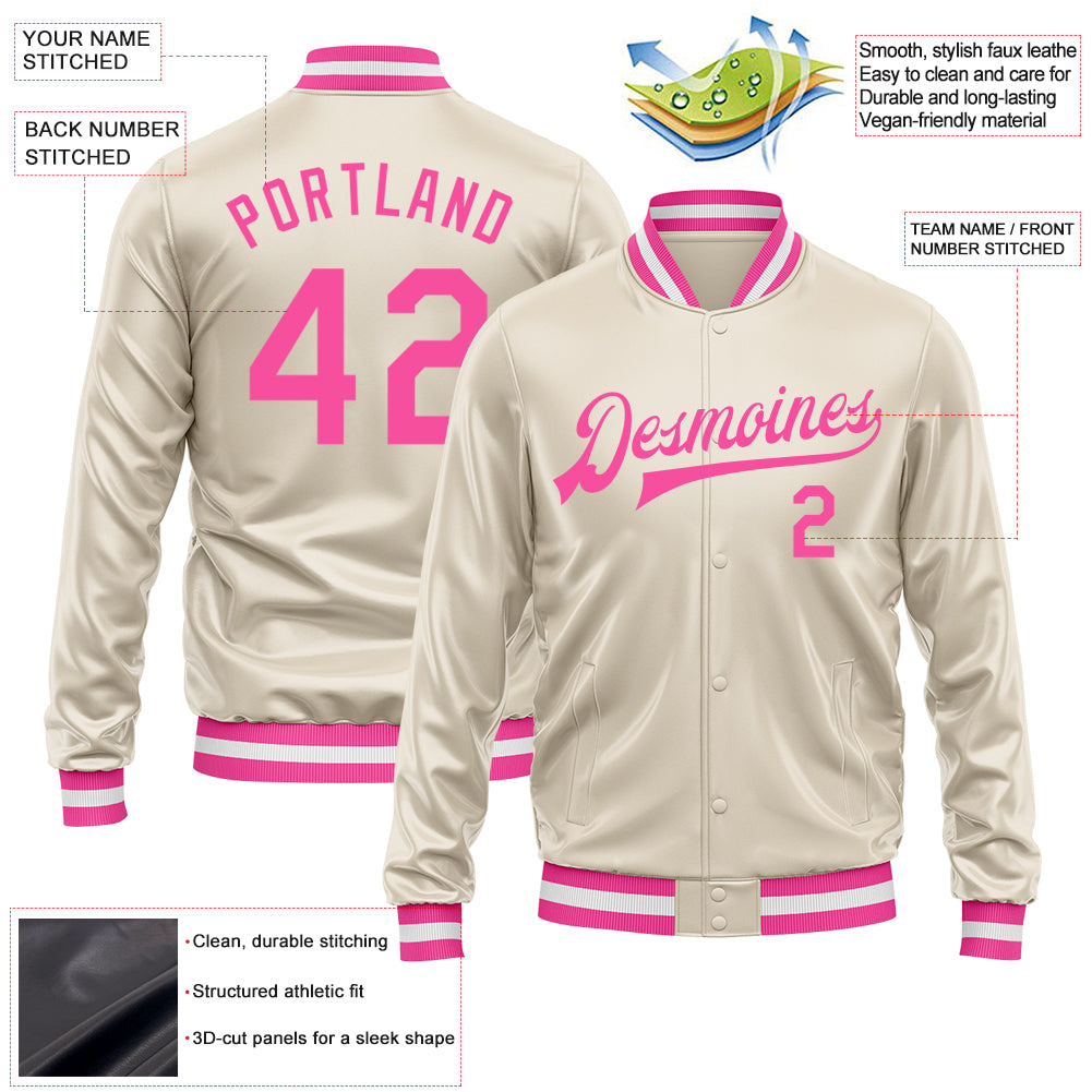 Custom Cream Pink Bomber Full-Snap Varsity Faux Leather Letterman Jacket