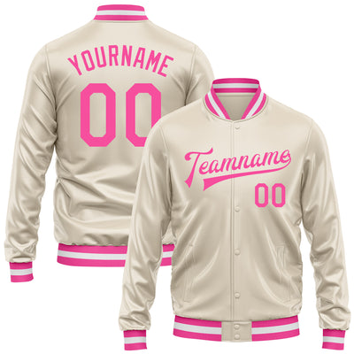 Custom Cream Pink Bomber Full-Snap Varsity Faux Leather Letterman Jacket