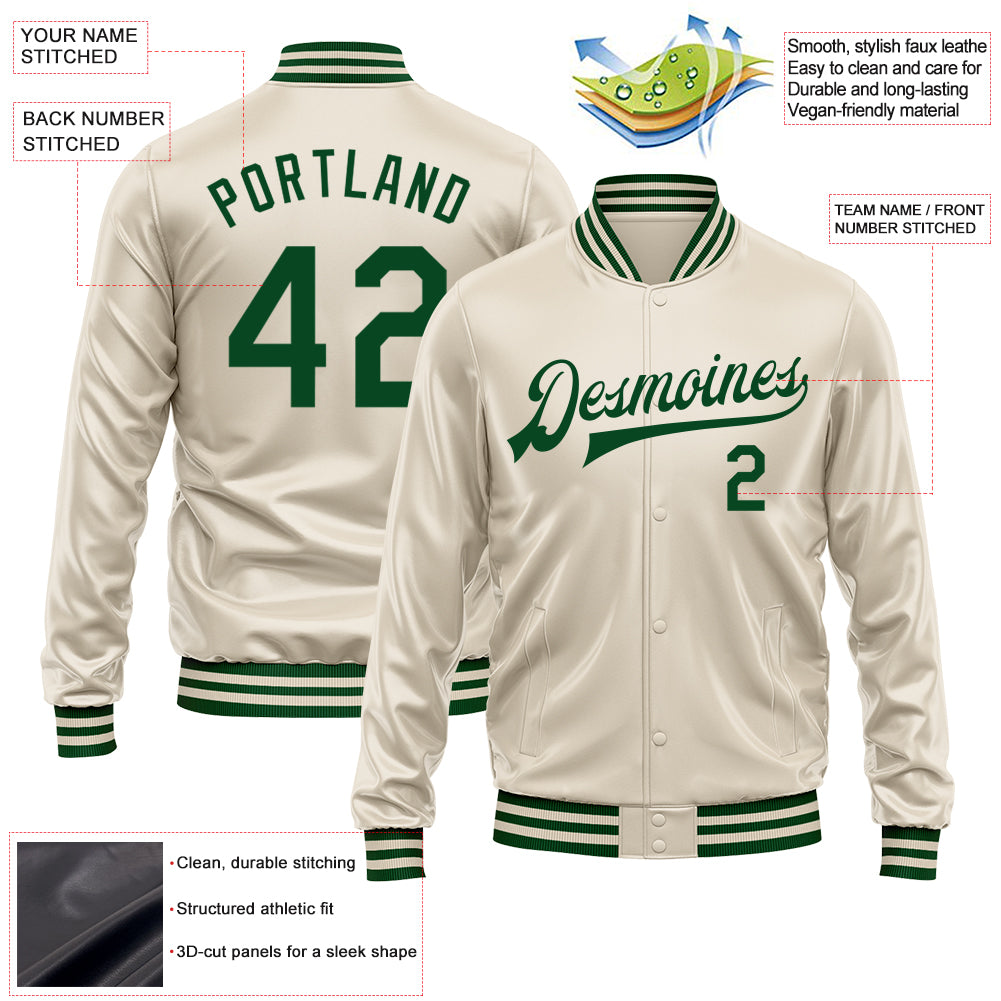 Custom Cream Green Bomber Full-Snap Varsity Faux Leather Letterman Jacket