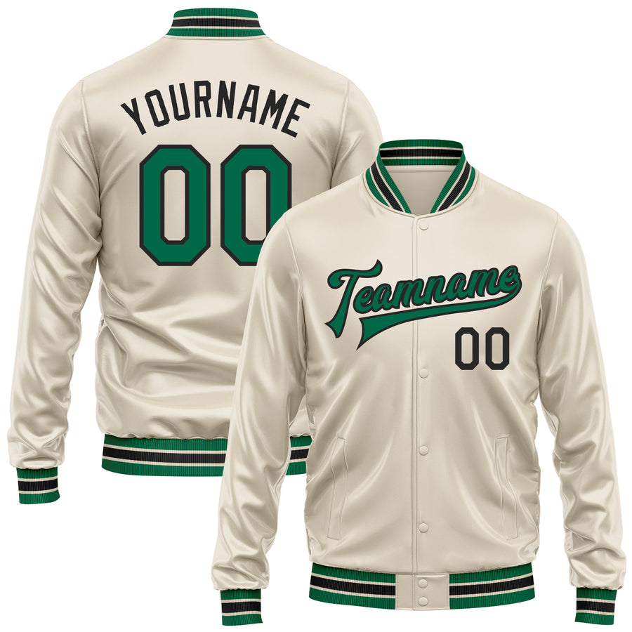 Custom Cream Kelly Green-Black Bomber Full-Snap Varsity Faux Leather Letterman Jacket